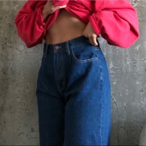 Dark Blue wash wide leg jeans.